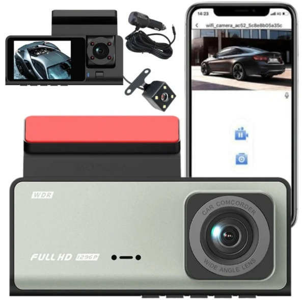 Cameră de Bord Auto Triplă WiFi, Full HD, Unghi 170°, Gri
